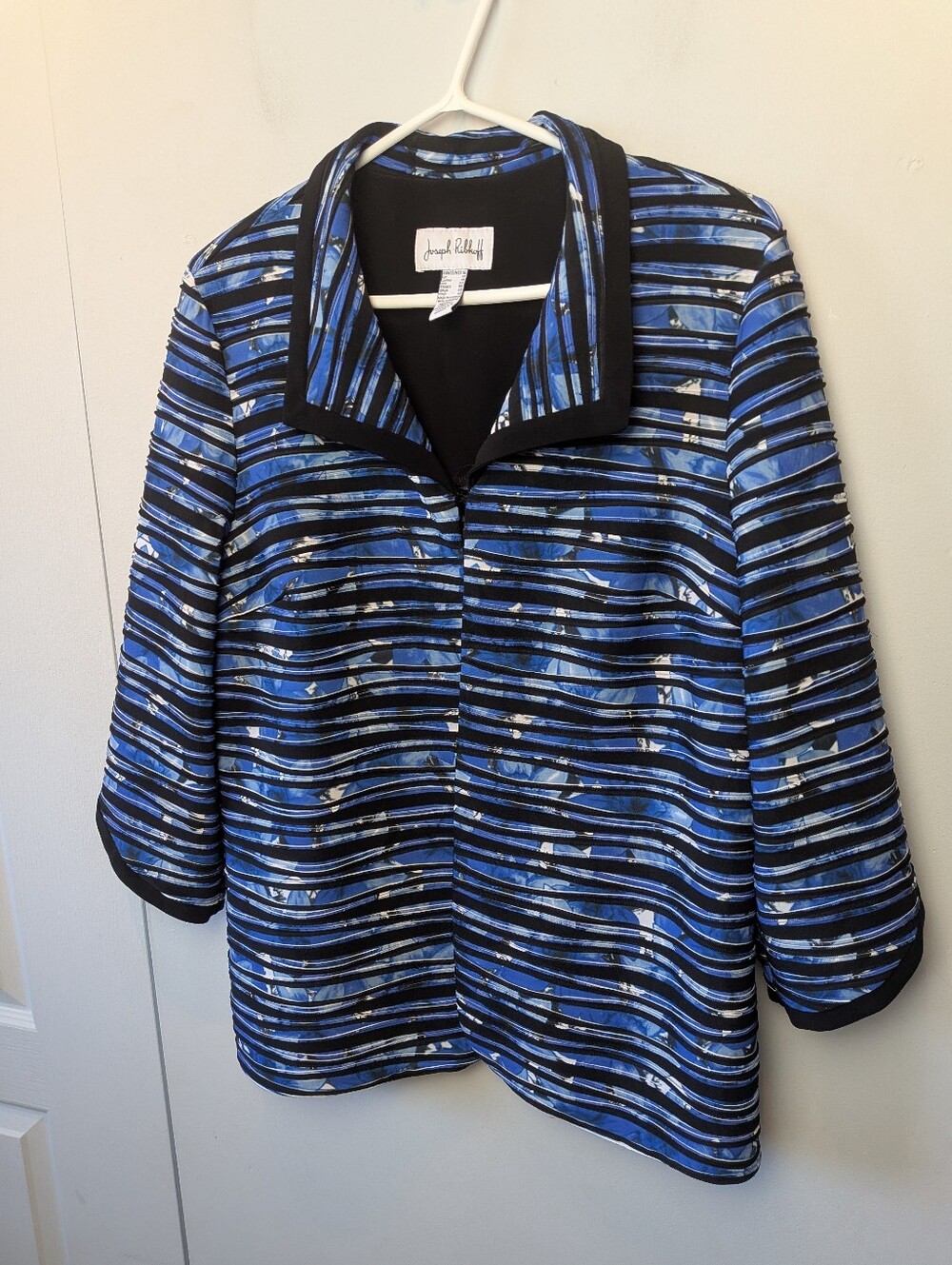 JOSEPH RIBKOFF Women Blazer Size 16 Plus Size Shoulder Pads Blue White Formal